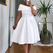 Plus Size Off Shoulder Solid Color Big Swing Midi Dress GATE-622