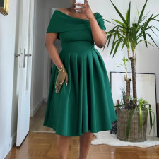 Plus Size Off Shoulder Solid Color Big Swing Midi Dress GATE-622