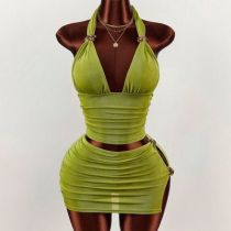 Solid Color Halterneck Tank Top Skirts Suit GXIY-K26L2096