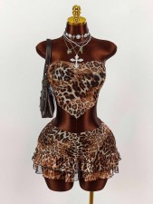 Leopard Print Tube Top Ruffles Shorts Suit GXIY-K25L1869