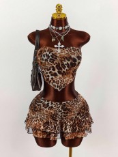 Leopard Print Tube Top Ruffles Shorts Suit GXIY-K25L1869