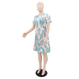 Print Zipper Short Sleeve Midi Dress GYLY-11155