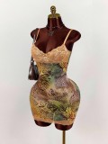 V Neck Print Lace Patchwork Sling Mini Dress GXIY-K25L753