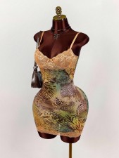V Neck Print Lace Patchwork Sling Mini Dress GXIY-K25L753