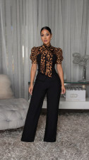 Leopard Patchwork Tie Up Jumpsuit OSM-4497