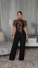 Leopard Patchwork Tie Up Jumpsuit OSM-4497