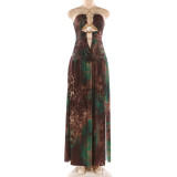 Print Off Shoulder Halterneck Split Maxi Dress XEF-K25D89064