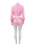 Lapel Stripe Long Sleeve Shirt Short Two Piece Set CH-25028
