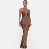 Sleeveless Backless Print Halterneck Maxi Dress XEF-K6D03728A