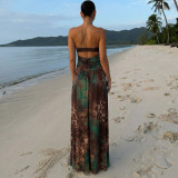 Print Off Shoulder Halterneck Split Maxi Dress XEF-K25D89064