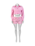 Lapel Stripe Long Sleeve Shirt Short Two Piece Set CH-25028