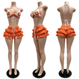 Knits Ruffles Tie Up Beach Two Piece Shorts Set CM-60408