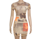 Short Sleeve O Neck Print MIni Dress XEF-K6D03612A