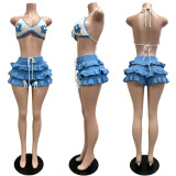 Knits Ruffles Tie Up Beach Two Piece Shorts Set CM-60408