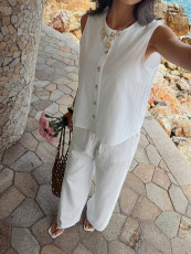 Loose O Neck Sleeveless Top Pants 2 Piece Set GZEY-K26290150
