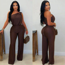 Slash Shoulder Solid Color Loose Jumpsuit BY-7578