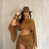 Slash Neck Off Shoulder Tie Up Two Piece Skirts Set QYMF-A740