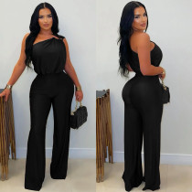 Slash Shoulder Solid Color Loose Jumpsuit BY-7578