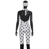 Polka Dots Print Tie Up Backless Seventh Jumpsuit(With Headscarf) GDSF-D26JP095