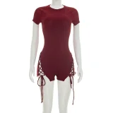 Solid Color Short Sleeve Rib Mini Dress GDSF-J26RP027