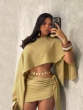 Slash Neck Off Shoulder Tie Up Two Piece Skirts Set QYMF-A740
