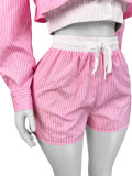 Lapel Stripe Long Sleeve Shirt Short Two Piece Set CH-25028
