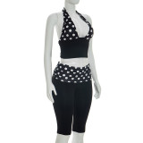 Polka Dots Print Halterneck Backless Seventh Pants Two Piece Set MXBF-J26ST130