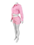Lapel Stripe Long Sleeve Shirt Short Two Piece Set CH-25028