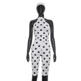 Polka Dots Print Tie Up Backless Seventh Jumpsuit(With Headscarf) GDSF-D26JP095