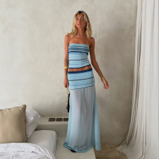 Stripe Print Vest Mesh Long Skirt 2 Piece Set XEF-K6S04260A