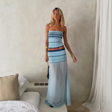 Stripe Print Vest Mesh Long Skirt 2 Piece Set XEF-K6S04260A
