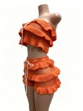 Casual Ruffles Knits Tie Up Beach 2 Piece Shorts Set CM-60412