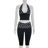Polka Dots Print Halterneck Backless Seventh Pants Two Piece Set MXBF-J26ST130
