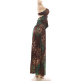 Print Off Shoulder Halterneck Split Maxi Dress XEF-K25D89064
