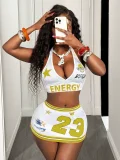 Letter Print Halterneck Beach Two Piece Skirts Set GKYS-2565