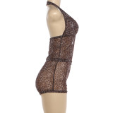Leopard Print Halterneck Tops 2 Piece Shorts Set DLSF-K6S05948A