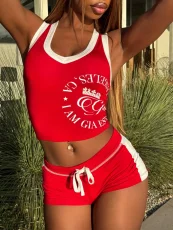 Letter Print Sleeve Contrast Color Two Piece Set GKYS-2710-112
