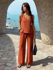 V Neck Solid Color Two Piece Pants Set GZEY-K26290141