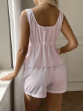 Casual Stripe Sleeveless Tie Up Two Piece Shorts Set GZYU-K26190073