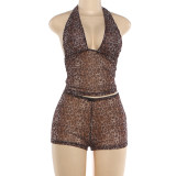 Leopard Print Halterneck Tops 2 Piece Shorts Set DLSF-K6S05948A