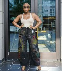 Plus Size Painted Graffiti Ripped Jeans GYLN-6723