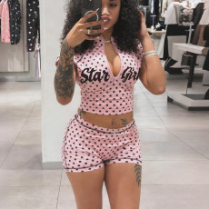 Letter Print Short Sleeve Zipper Sport Shorts Suit DLSF-K6S05194A