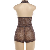 Leopard Print Halterneck Tops 2 Piece Shorts Set DLSF-K6S05948A