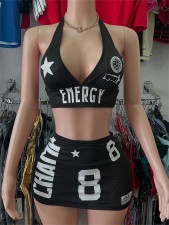 Letter Print Halterneck Beach Two Piece Skirts Set GKYS-2565