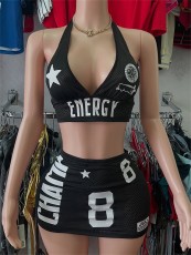 Letter Print Halterneck Beach Two Piece Skirts Set GKYS-2565