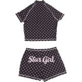 Letter Print Short Sleeve Zipper Sport Shorts Suit DLSF-K6S05194A