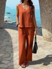 V Neck Solid Color Two Piece Pants Set GZEY-K26290141