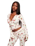 Fashion Casual Cherry Print Zipper Hoodie And Skinny Pants Set GKYS-2980