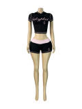 Letter Print Contrast Color Sport Shorts Suit CH-26015