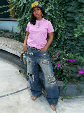 Plus Size Fashion Holes Washed Straight Jeans GYLN-9251
